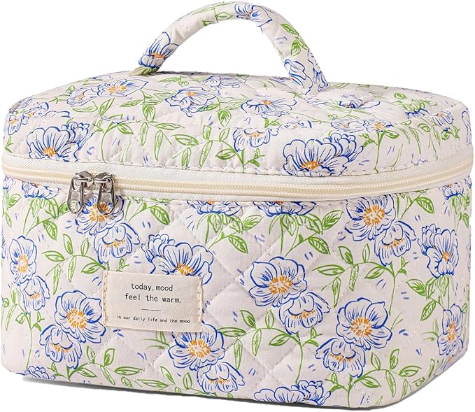 uekeboag Large Travel Quilted Makeup Bag for Women, Floral Cotton Cosmetic Bag, Coquette Aesthetic Floral Toiletry Organizer Bag