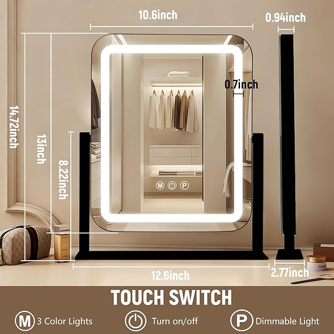 Black Vanity Mirror with Lights 15"×13", Led Makeup Mirror, Lighted Makeup Mirror with 3 Color Dimmable Lights, Smart Touch Screen Control, 360°Rotation