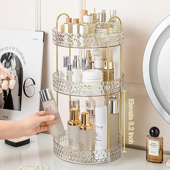 Rotating Makeup Organizer for Vanity, 3 Tier Perfume Skincare Storage for Women, Bathroom Counter Organizer, 360ÃÂ° Spinning Cosmetic Holder for Dresser Countertop, Clear
