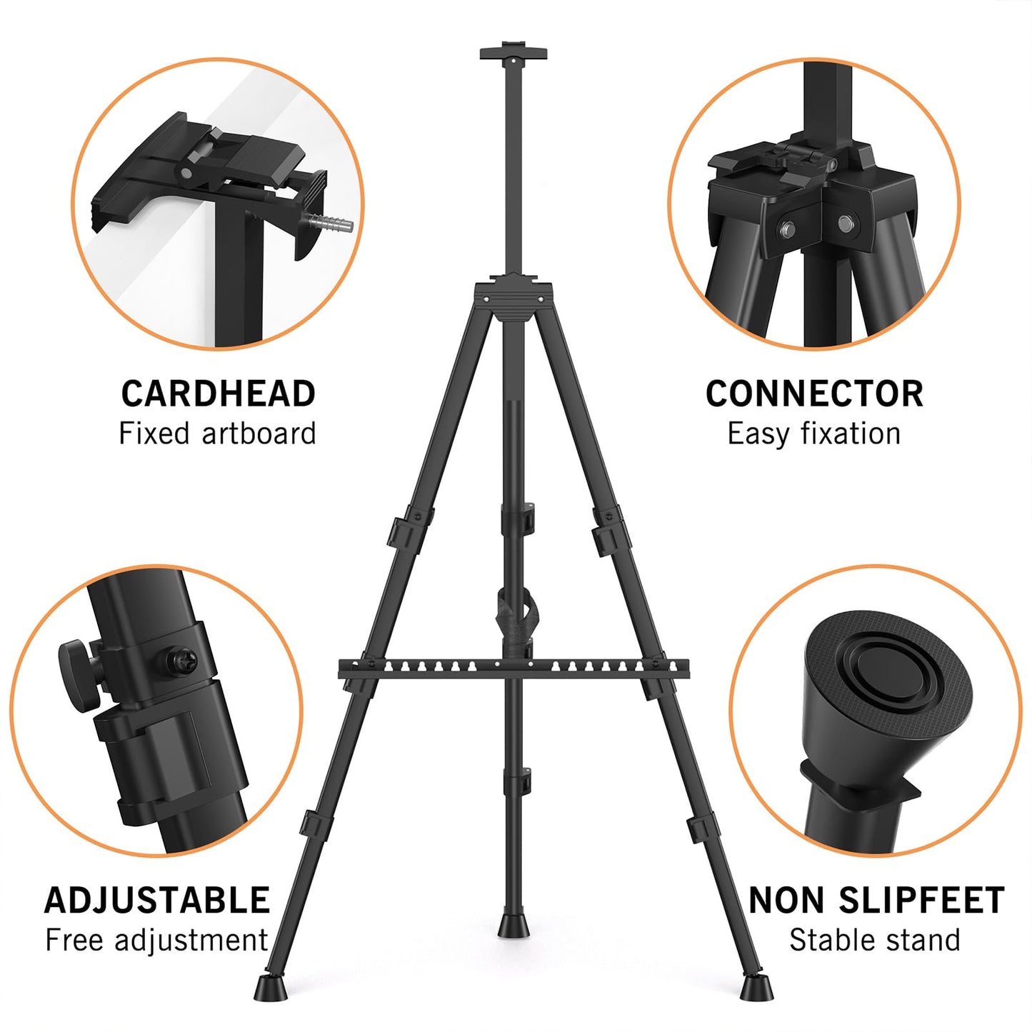 Art Painting Tripod Easel Stand - Portable Adjustable Display Artist Metal Easel with 1 Bag for Tabletop/Floor Painting, Height from 17 to 66 inches, Sturdy for Drawing, Displaying - Black