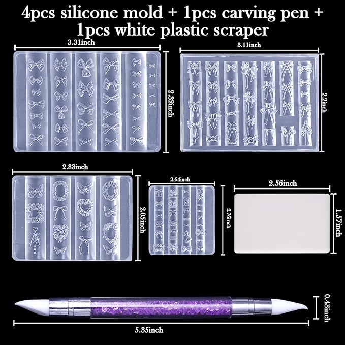 Laza 4pcs Silk Bowknot Silicone Nail Art Molds, Acrylic 3D Bowknot Nail Charms Molds Clear Modeling Templates Silicone Bow Pattern Nail Tools with Sculpture Pen for Salon Nail Design Resin Epoxy DIY
