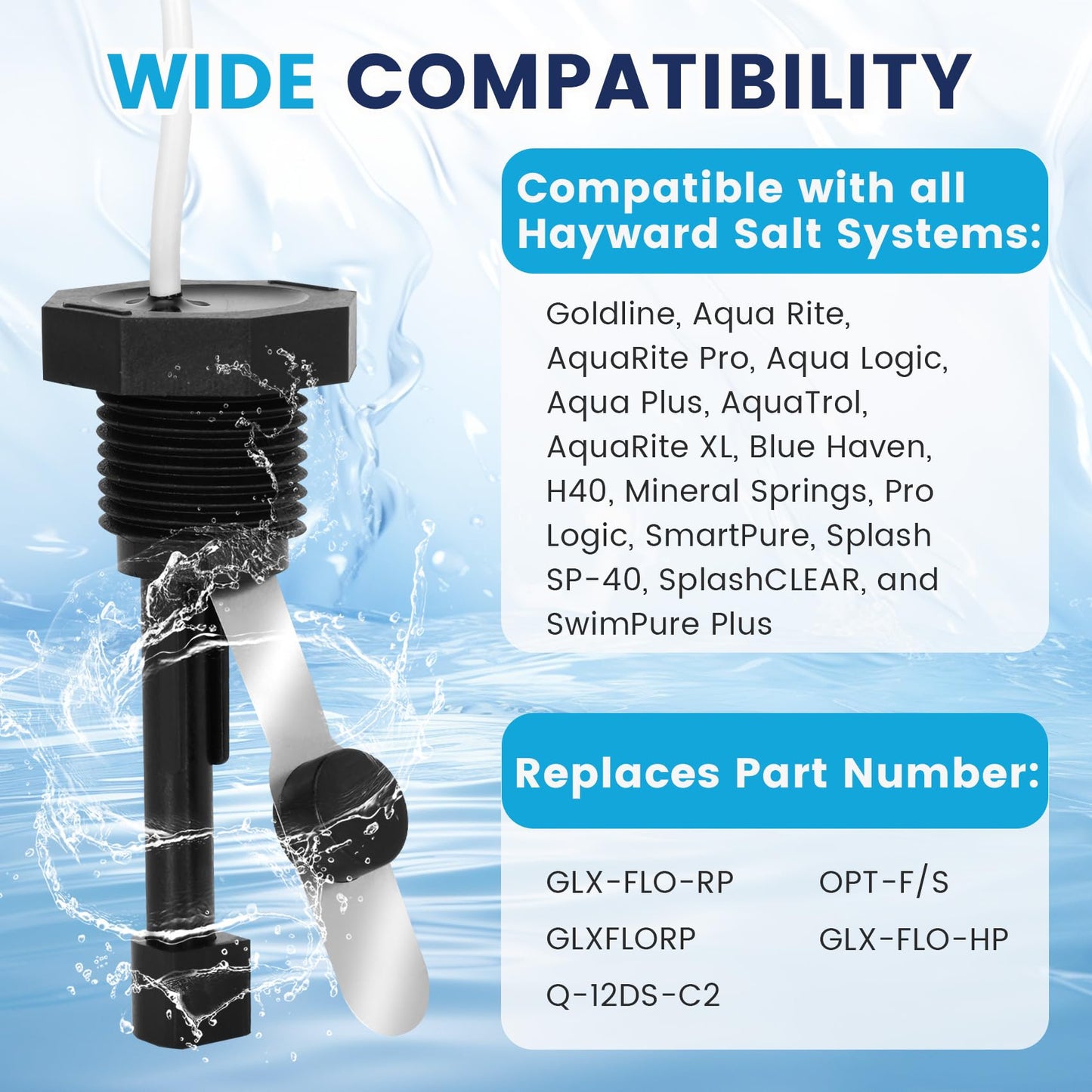 GLX-FLO-RP Flow Switch Assembly for All Hayward Goldline Aquarite Salt Systems, Metal Induction Structure Pool Flow Sensor Suitable Hayward Salt Cell & Chlorine Generator with 15-Feet Cable(White)