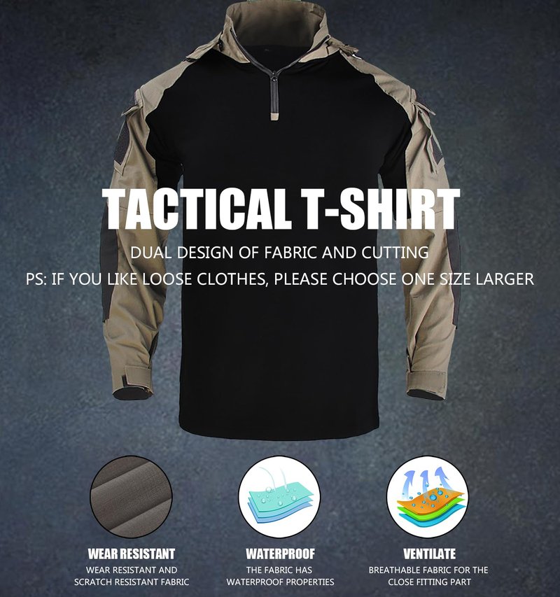 TACTICS ARMOR Tactical Shirt Men's Combat Shirt Tactical Military Camo Long Sleeve Suitable for Airsoft Paintball with Elbow Pads and Pockets