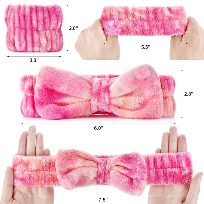 6PCS Spa Headband and Wristband Set for Face Washing, Soft Microfiber Skincare Hairband with Bow, Soft Absorbent Wrist Towels for Women Girls, For Makeup, Facial, Shower, Yoga