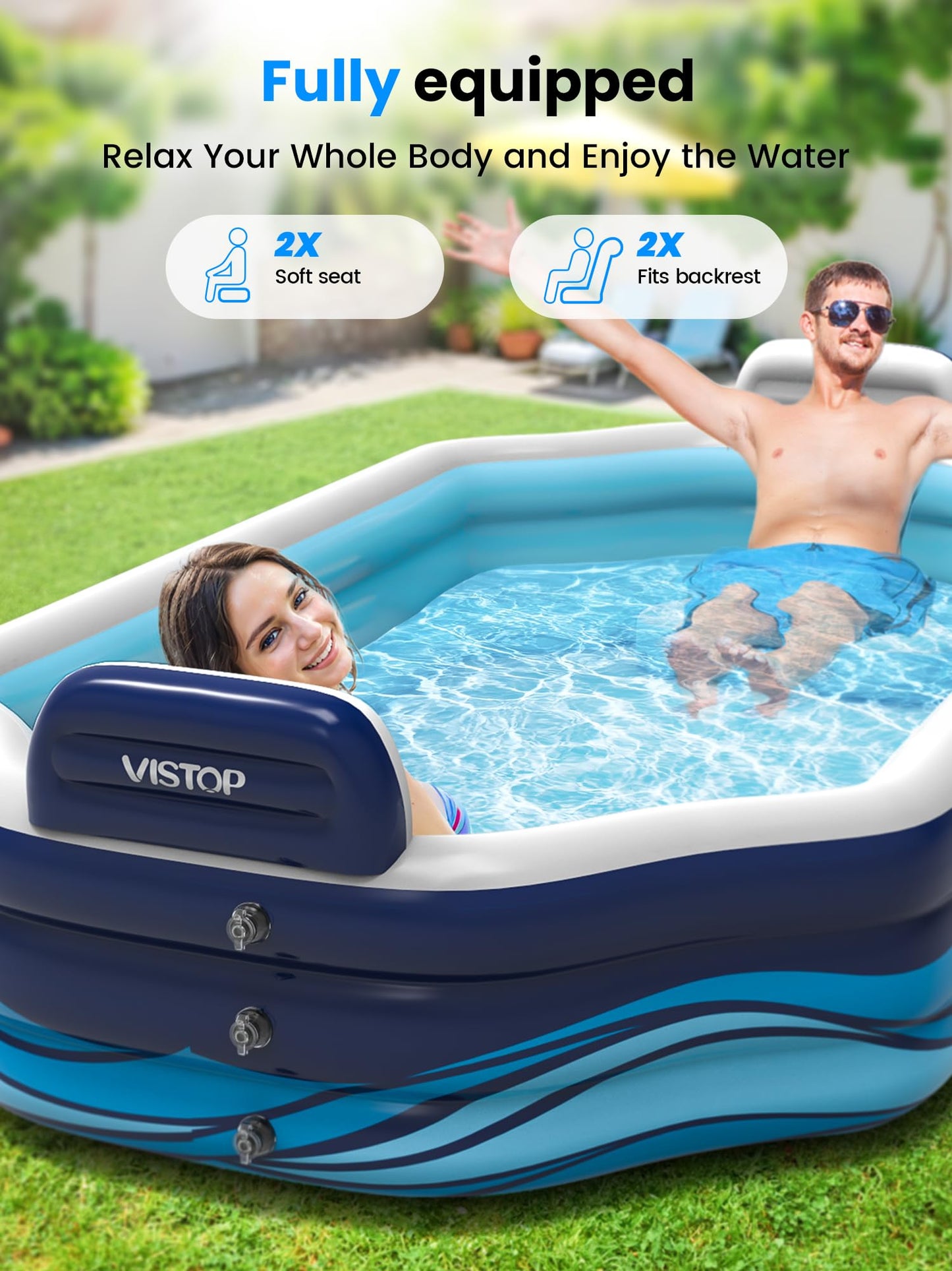 VISTOP Inflatable Pool for Kids & Adults | Oversized Thickened Large Swimming Pool with Seats and Backrests Family Summer Blow Up Water Pools - BPA-Free Backyard Water Park, Garden SPA Tub 120 inch