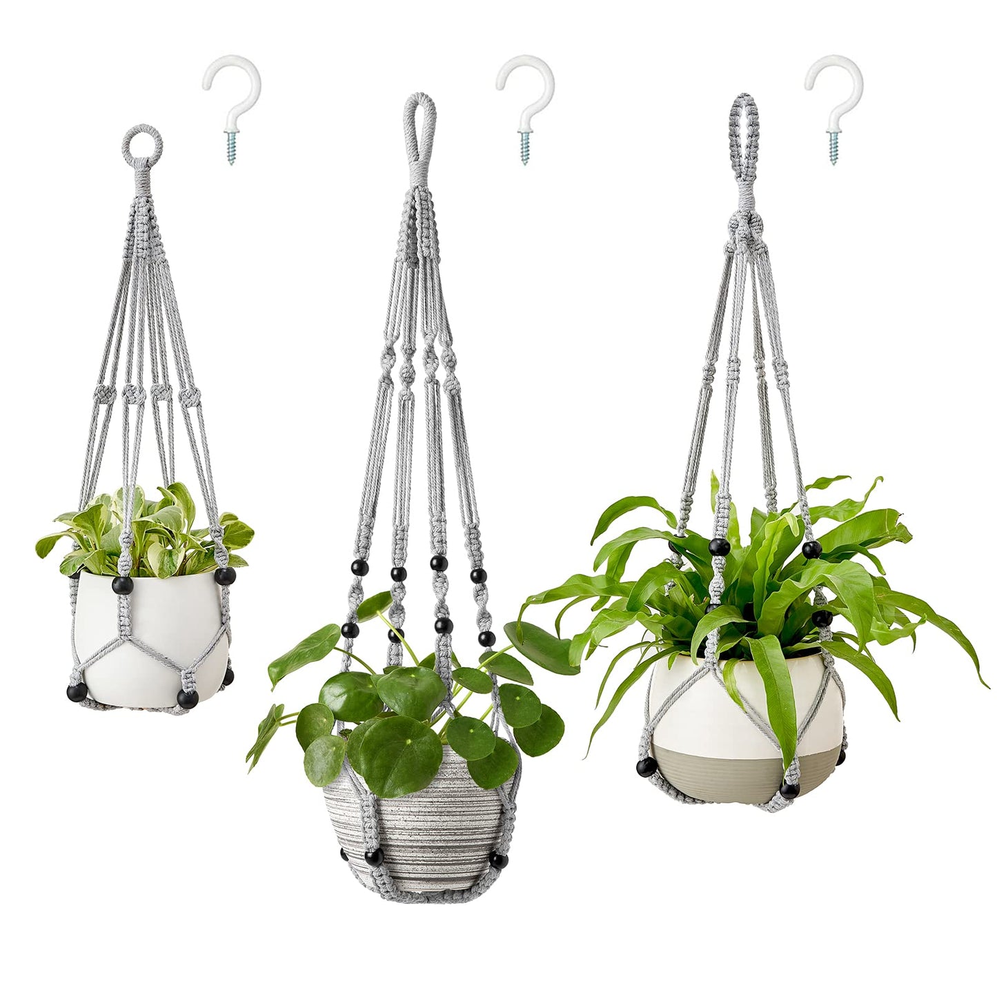 Mkono 3 Pack Macrame Plant Hangers Indoor Different Size Hanging Planter Basket Flower Pot Holder with Beads No Tassels 35"/29"/23", Medium, Grey