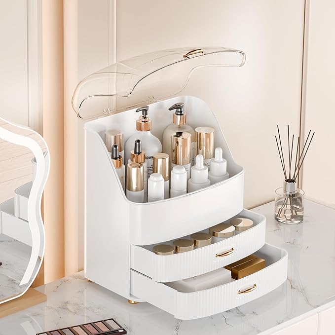 Makeup Organizer Countertop Vanity with Transparent Lid Drawers Waterproof Dustproof Cosmetic Skincare Bathroom Storage Gift for Women Teens Girls (Whtie)
