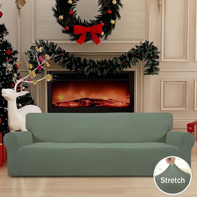 Easy-Going Stretch 4 Seater Sofa Slipcover 1-Piece Sofa Cover Furniture Protector Couch Soft with Elastic Bottom for Kids, Polyester Spandex Jacquard Fabric Small Checks Greyish Green