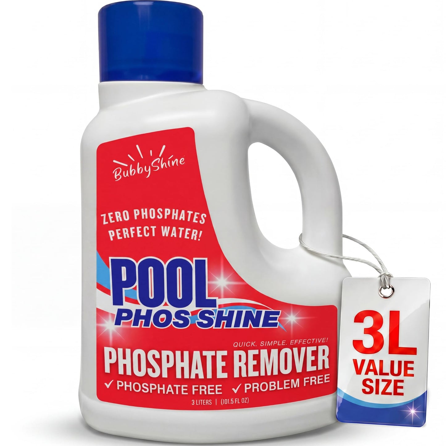 Phosphate Remover Pool Chemicals, 3 L, Pool Phosphate Remover, Swimming Pool Chemicals, Easy Cap Measure, ppb Dosing Guide, BubbyShine
