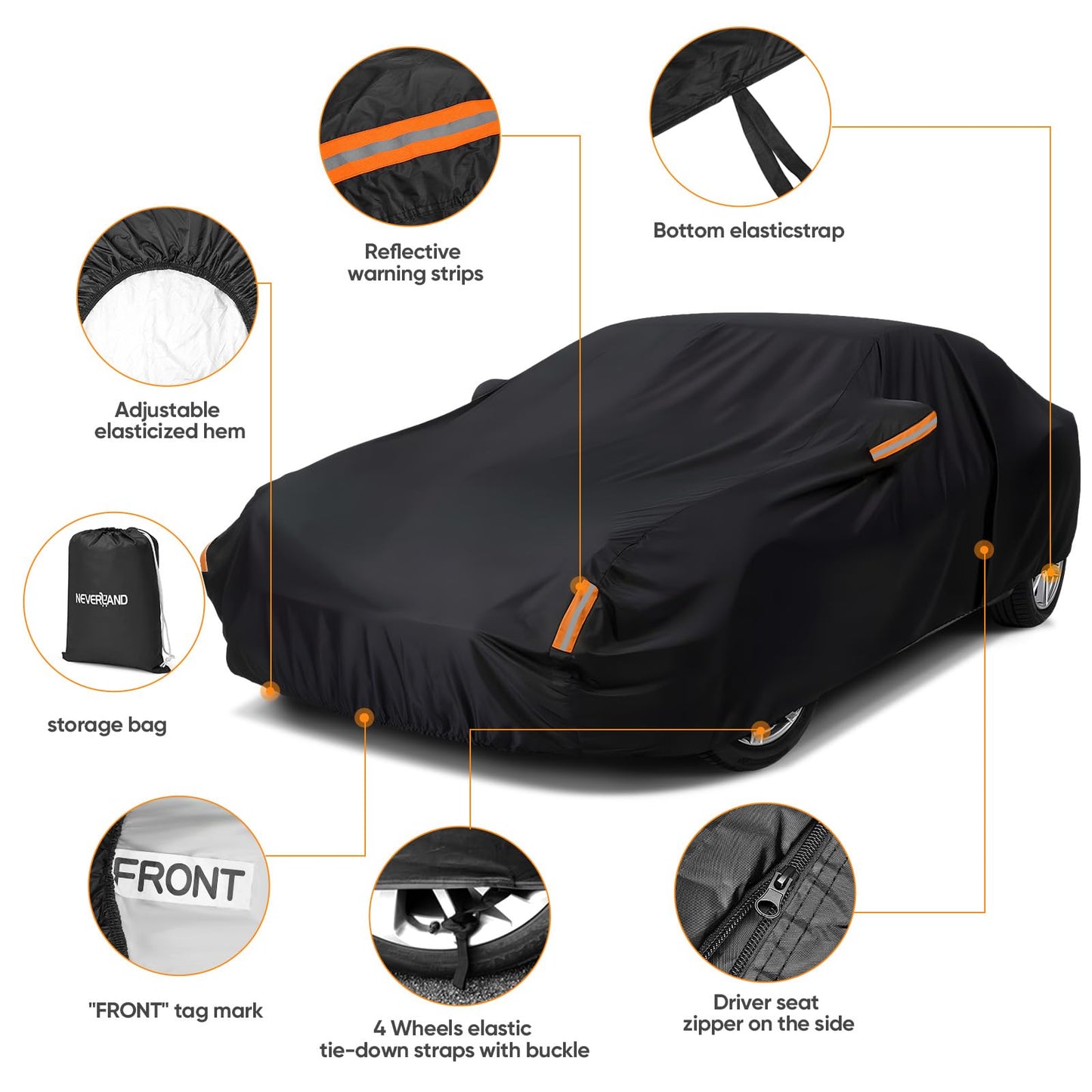 NEVERLAND Sedan Car Cover Waterproof Heavy Duty All Weather Protection Snow Anti-UV Windproof Outdoor Full Car Cover Fit for Automobiles BMW/Mercedes-Benz/Honda（for Car Size:196''L x 72''W x 59''H）