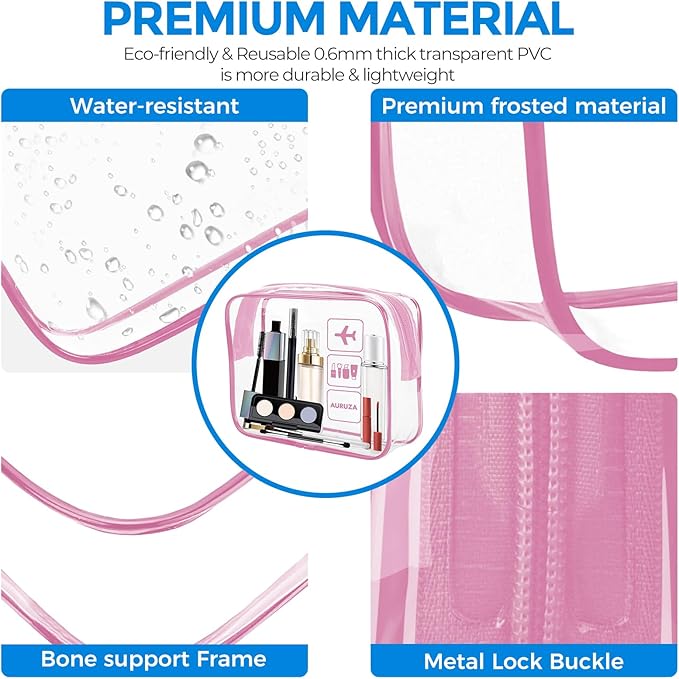 AURUZA Clear Makeup Bag, TSA Approved Cosmetic Travel Toiletry Organizer, Quart Size Carry On Compliant, Water Resistant Airport Airline Essentials