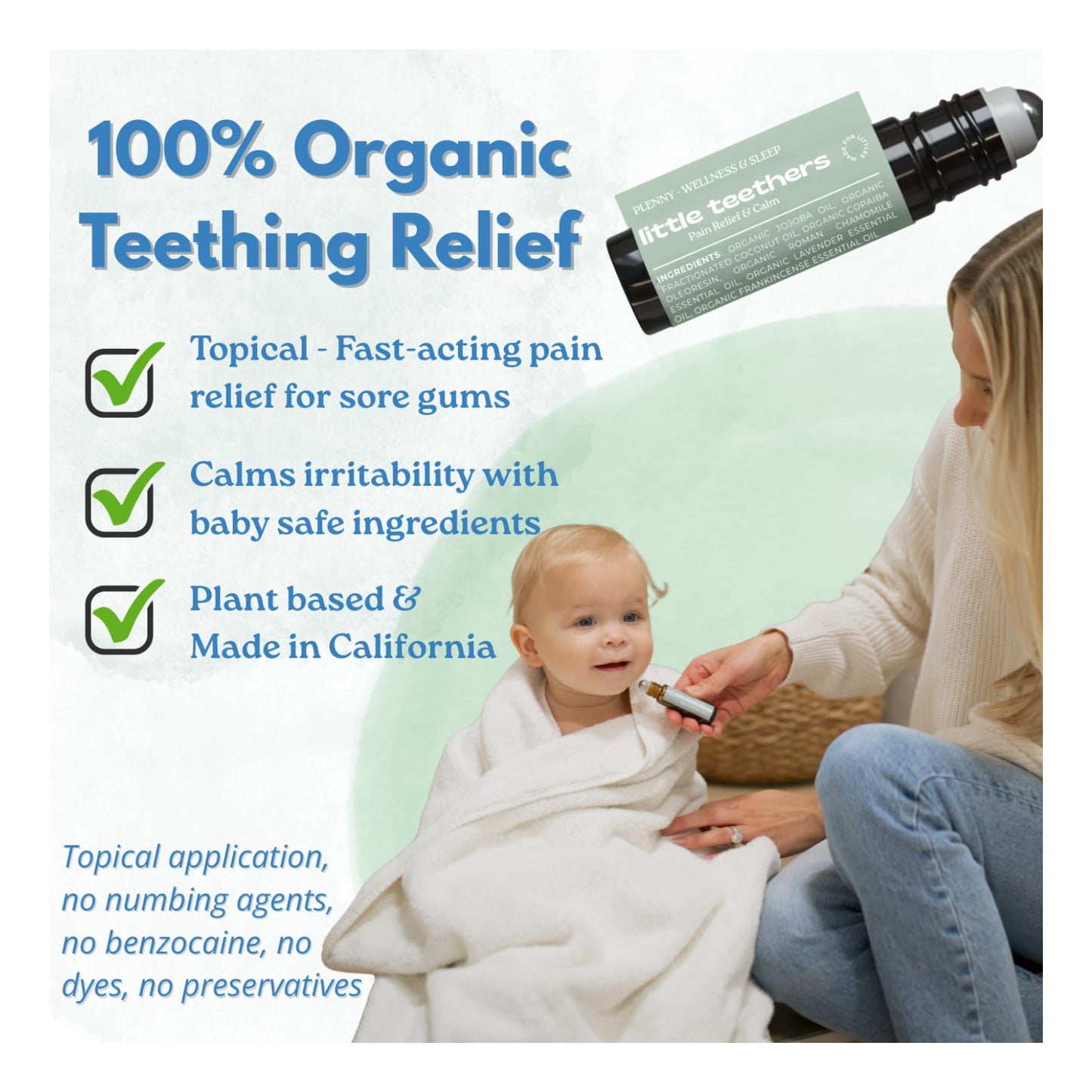 PLENNY Little Teethers Baby Teething Roller – 100% Organic Essential Oil Relief for Sore Gums, Fussiness & Sleep, Chamomile, Lavender, Frankincense – Safe 3 Months+, Made in USA, 10ml