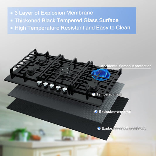Davivy 34 inch Gas Cooktop 5 Burners,Gas Stove Top,Built in All Black Tempered Glass Surface Cooktop - NG/LPG Convertible,Dual Fuel,Thermocouple Protection,CSA Certified,36004 BTU
