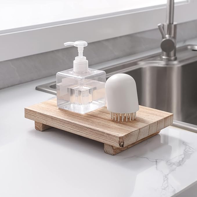zoocatia Small Wood Tray Pedestal Stand Farmhouse Bathroom Decor Decorative Wooden Riser Kitchen Soap Dish Holder for Vanity, Counter, Sink, 9" x 5.9" - Brown