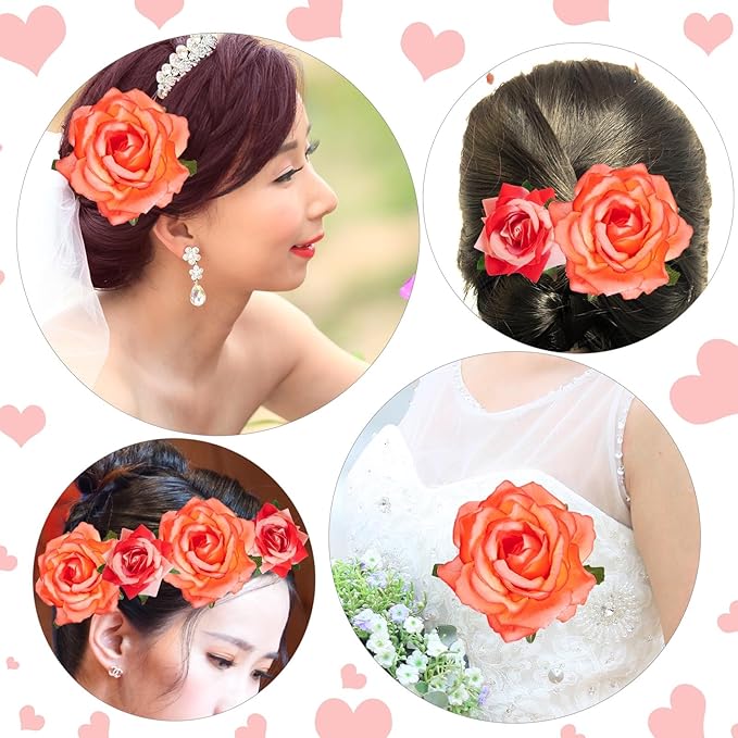 Rose Hair Clip Flower Hairpin Brooch Floral Clips, 4 Pcs Fabric Rose Flowers Hair Clips Mexican Hair Flowers Pin up Headpieces for Wedding Party Mother's Day (2 Sizes) (Pink Red)