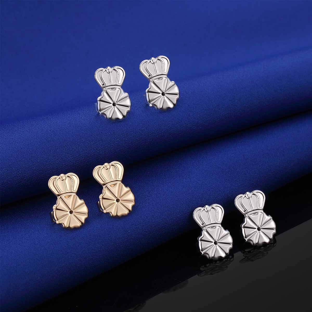 3 Pairs Earring Lifters,10MM Hypoallergenic Earring Backs for Droopy Ears,Adjustable Crown Earring Backs for Heavy Earring (10MM 2White+1gold)