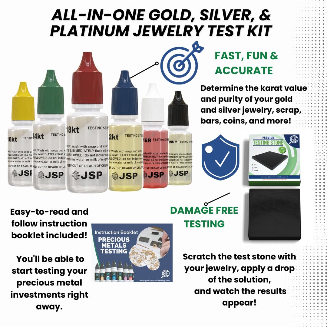 Jewelry Testing Kit 10K, 14K, 18K, 24K Gold, Silver, Platinum Test Solutions with Scratch Stone, 30X Loupe, Instructions, and Bamboo Storage Box