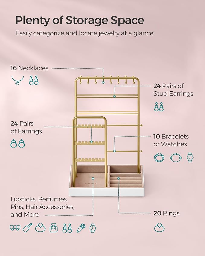 SONGMICS Jewelry Holder, Jewelry Organizer, Jewelry Display Stand with Metal Frame, Velvet Tray, Necklace Earring Bracelet Holder, for Studs, Rings, Gift Idea, Pale Gold UJJS021A01