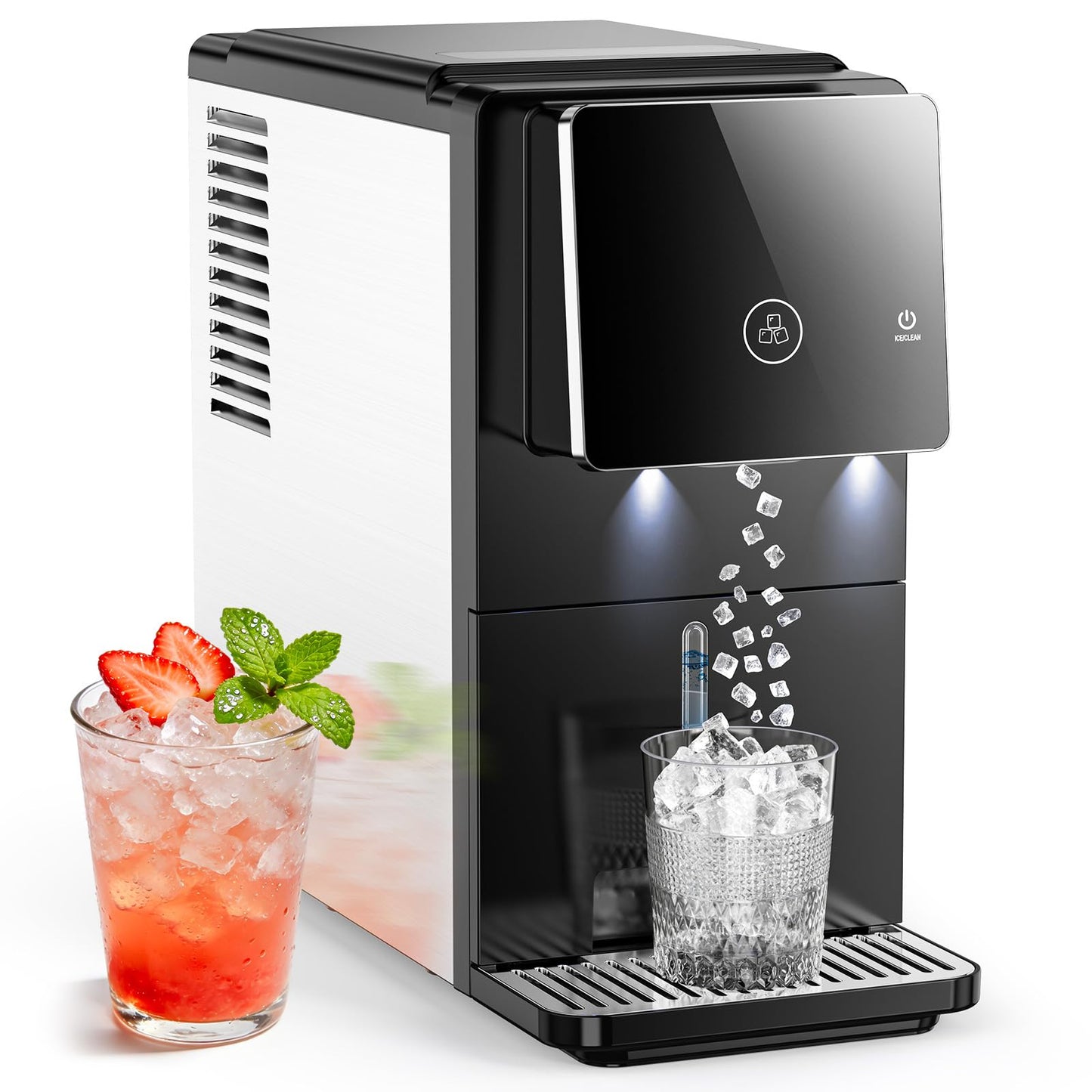 33 lbs/Day Countertop Nugget Ice Maker with Self-Cleaning,Portable Countertop Ice Machine, Auto Lighting, Measured Dispensing，and Ice Full Minder for Home, Kitchen, Office, Black
