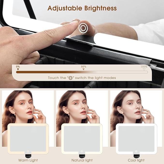 Faquenc Leather Makeup Case with LED Lighted Mirror 11.4 Inch Travel Makeup Bag Adjustable Brightness in 3 Colors Cosmetic Organizer Artist Storage Bag with Dividers Brush Holder Bag Vanity Brown