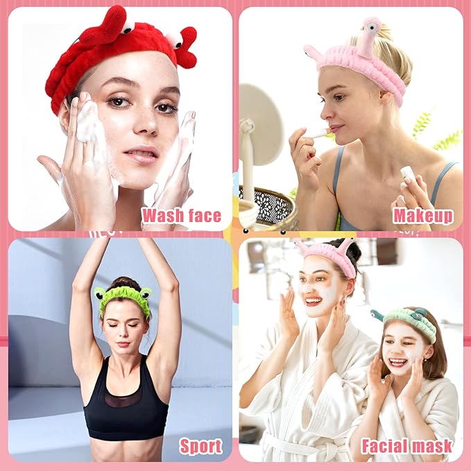 4 Pack Face Wash Headband Facial Makeup Skincare Headbands, Elastic Coral Fleece Spa Hairband for Washing Face, Cartoon Fun Frog Snail Crab Hair Accessories