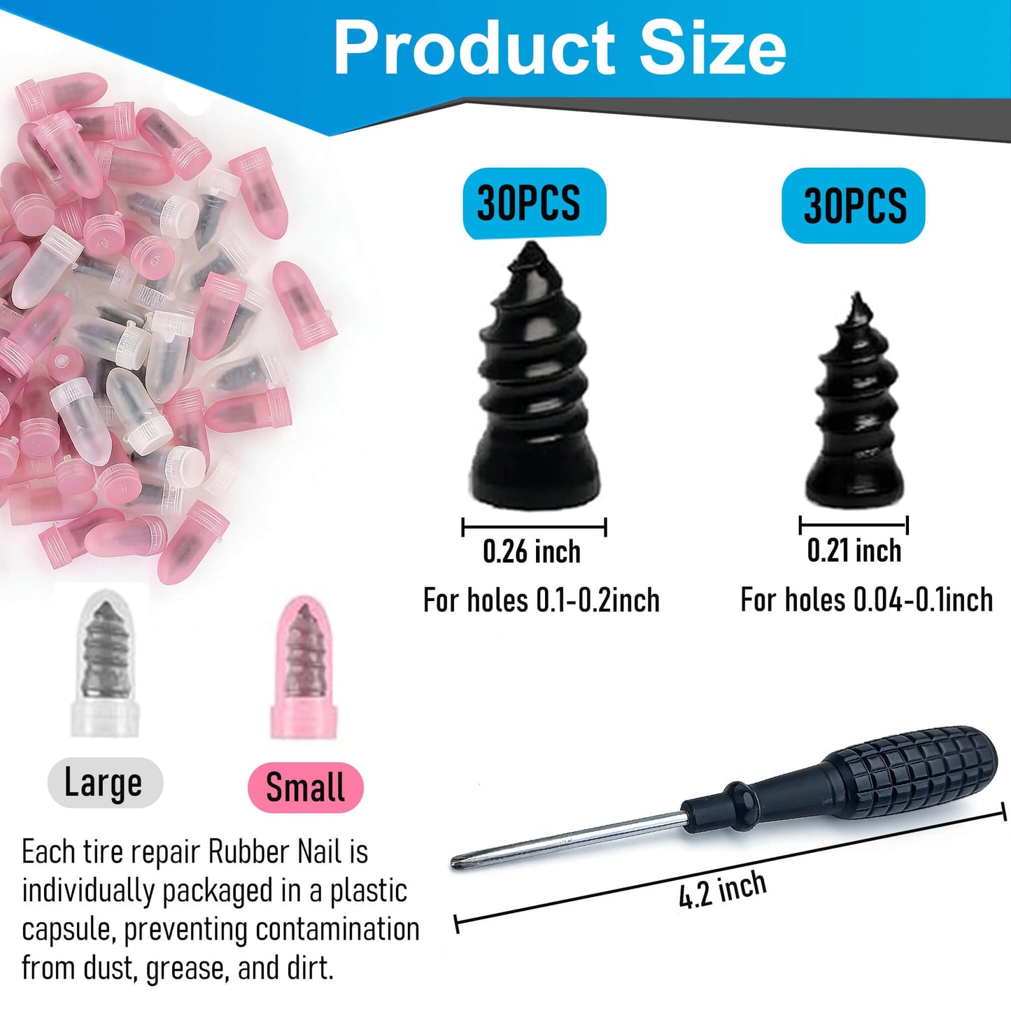 LOGOL 60 Pcs Tire Repair Rubber Nail, Tire Repair Rubber Nail Kit with Tire Glue,Tire Repair Screws are Suitable for Quickly Repairing Punctures in Car, Motorcycle, and SUV Tires