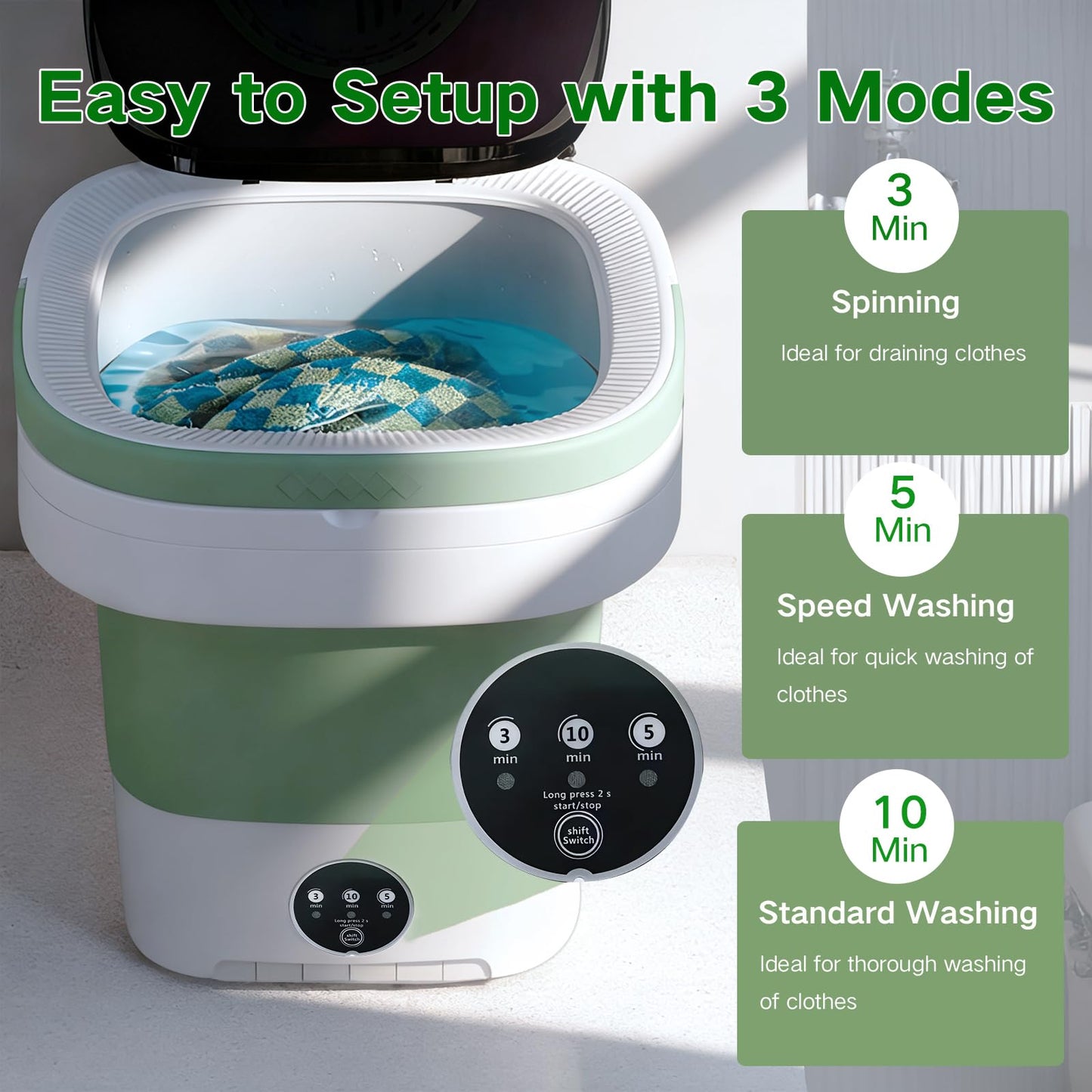 15L Mini Portable Washing Machine, Collapsible Washer with 3 Cleaning Modes for Underwear, Baby Clothes, Small Foldable Laundry for Travel Apartment Home Dorm Hotel Camping (White Green)