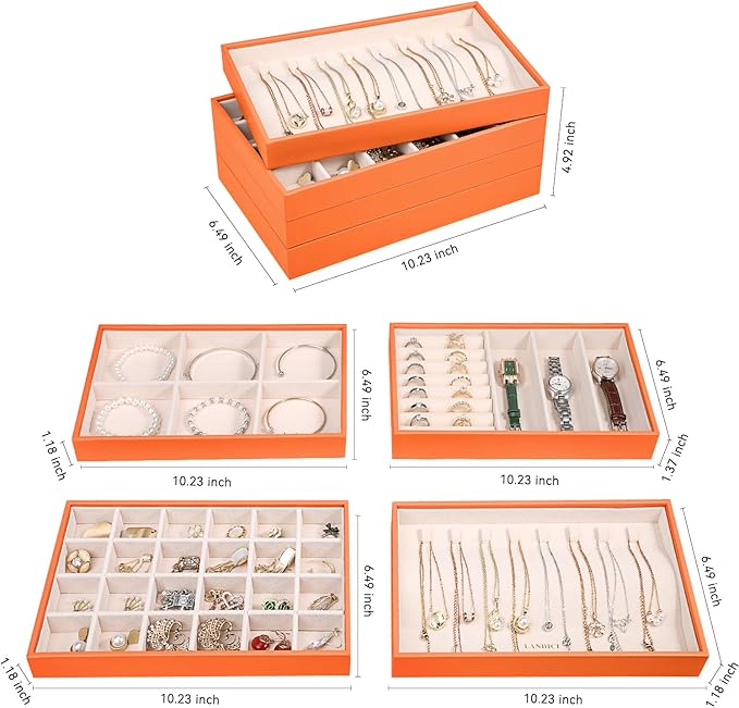 LANDICI Stackable Jewelry Organizer Trays 4 Set,PU Leather Jewelry Organizer Drawer,Jewelry Storage Display Tray for Earring Necklace Rings Bracelet with Removable Dividers,Orange