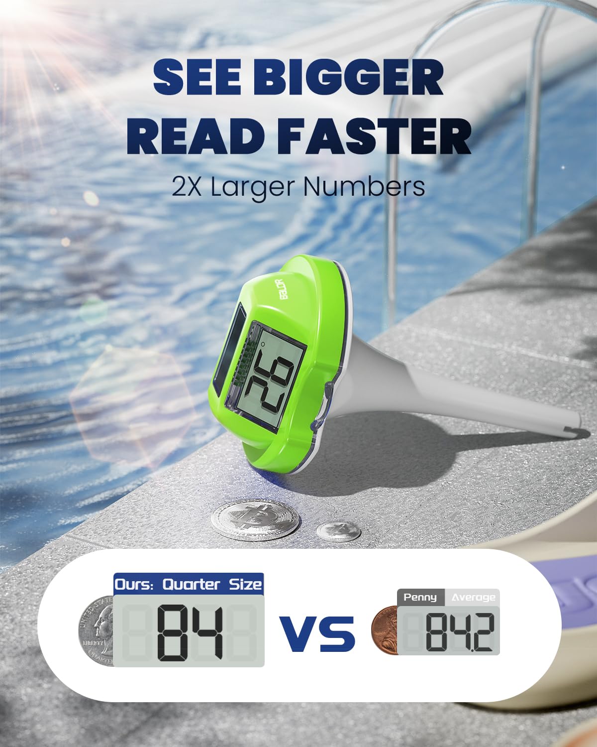 BALDR Pool Thermometer Floating Easy Read, Solar Digital Pool Thermometer with Dual Large Screens, IPX7 Water Temperature Gauge for Inground Above Ground Pools & Spas (Green)