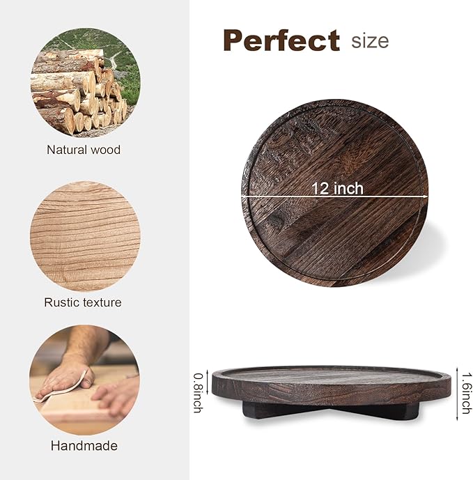 Round Decorative Tray Wood Bathroom Counter Organizer Farmhouse Kitchen Decor Wooden Riser for Soap Dish, Perfume, Candle, Sponge, 12" - Bark Brown