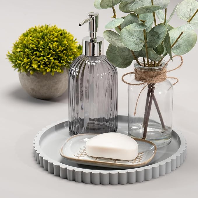 HighHerz Silicone Bathroom Countertop and Vanity Tray, Round Silicone Bathroom Tray, Modern Bathroom Decor, Coffee Table Decor, Decorative Tray for Candle, Perfume, Plants (Grey, 9 inch)