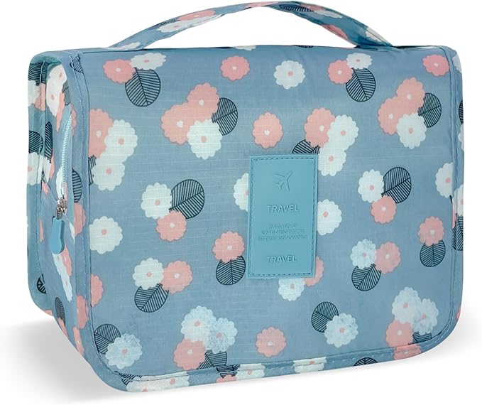 Large Capacity Toiletry Bag Travel Bag with Hanging Hook for Men and Women Waterproof Travel Cosmetic Bag Bathroom Storage Bag for Brushes Set,Full-Sized Shampoo,Accessories-Blue Flower