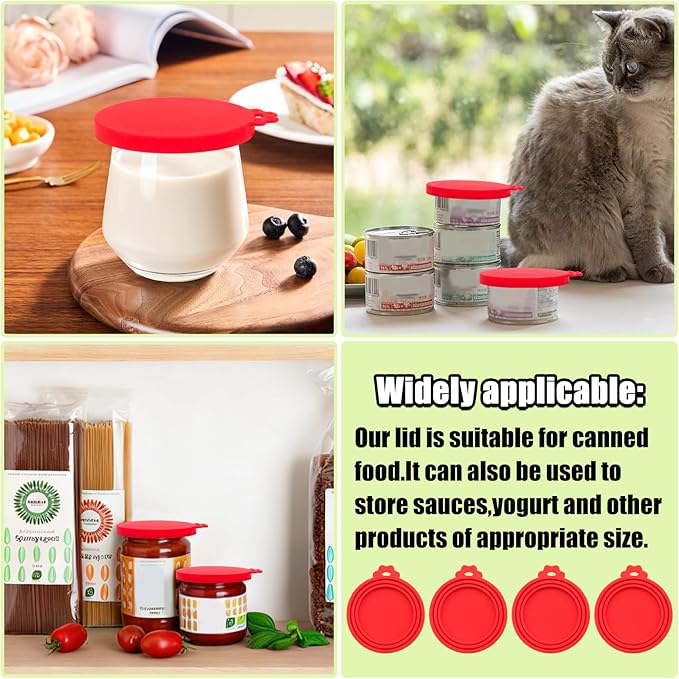 PINE & LINEN 4 Pcs Durable Pet Can Lids,One fit 3 Standard Size Silicone Waterproof Cat Food Cans Lids for 3oz/5.5oz/12.5oz/13.2oz Cat Food Cans（Red）