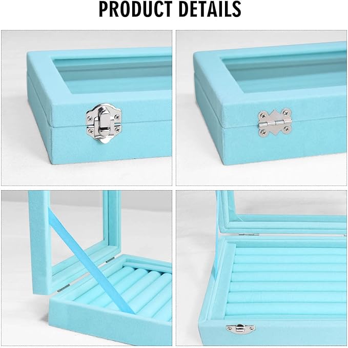 Rings Organizer Tray 7 Slots Velvet Jewelry Earring Storage Box with Transparent lid Jewelry Display Case for Girls Wife Mom Women (Light Blue)