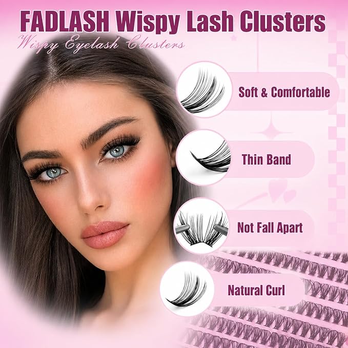 FADLASH DIY Lash Clusters Individual Eyeslash Extensions D Curl 280PCS Natural Eyelash Clusters Soft Band Wispy Volume Eyelash Extension for Beginners DIY at Home (40D-0.07-D, 8-16mm)