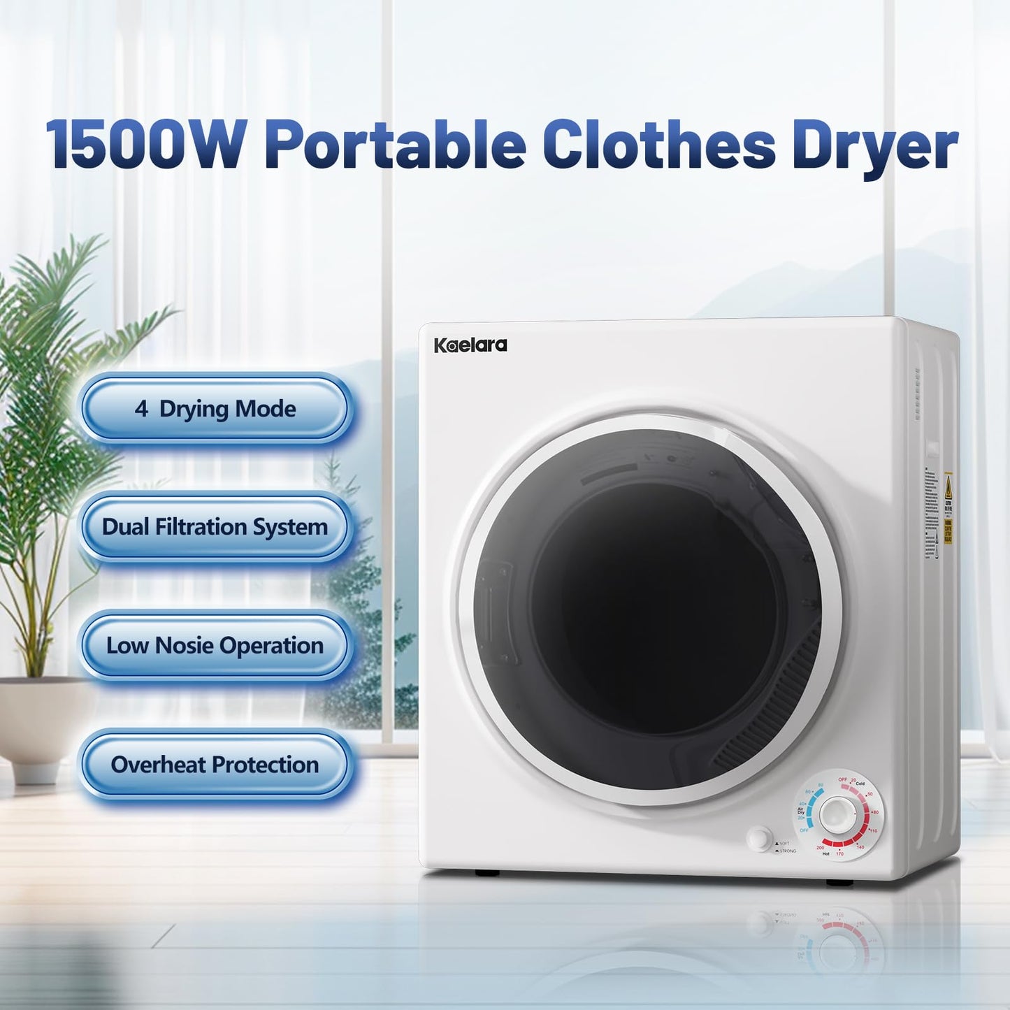 Kaelara Portable Dryer, 3.5 Cu.ft Portable Dryers for Laundry with Stianless Steel Tub, 1500W Clothes Dryer Machine for Home, Apartment, 4 Dring Mode, Auto-shutt off, White