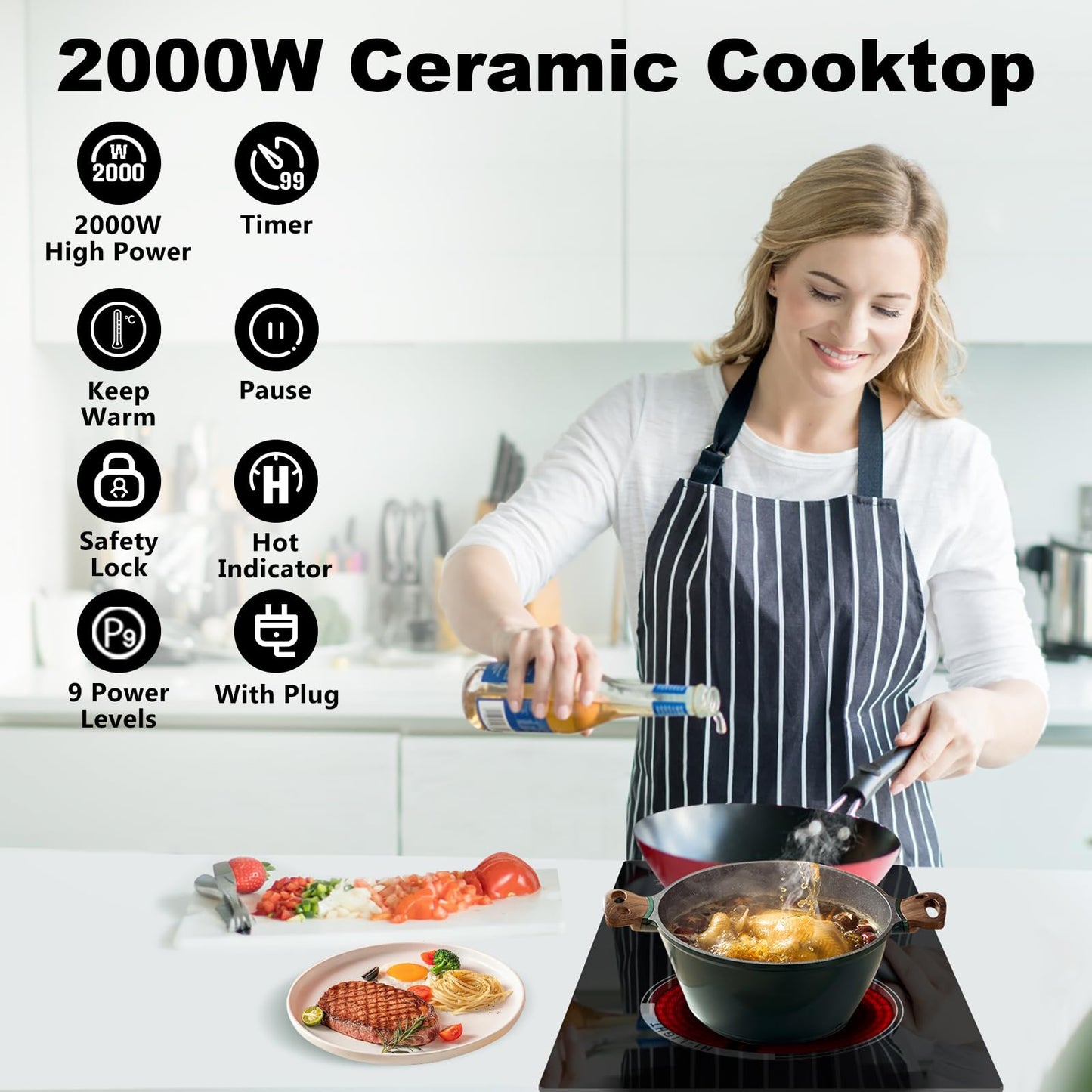 TYEMUI Double Burner Electric Cooktop Plug in 2000W, 110V~120V Countertop Stove, Electric Stove 2 Burner for Cooking, 110 volt Kitchen Stove 12inch Built-in Countertop with Timer, Peak, Pause