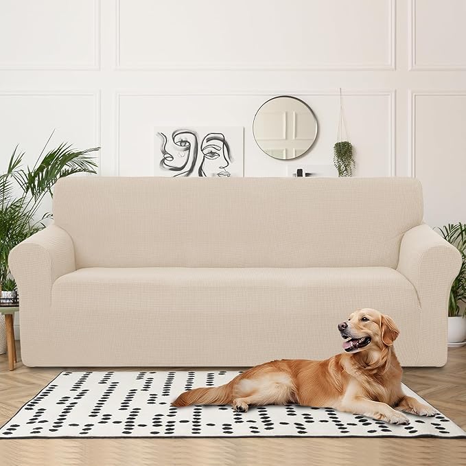 U-NICE HOME 4 Seater Stretch Couch Cover Sofa Cover Washable Sofa Slipcover Furniture Protector for 3 Cushion Couch Sofa Pet Friendly, Beige