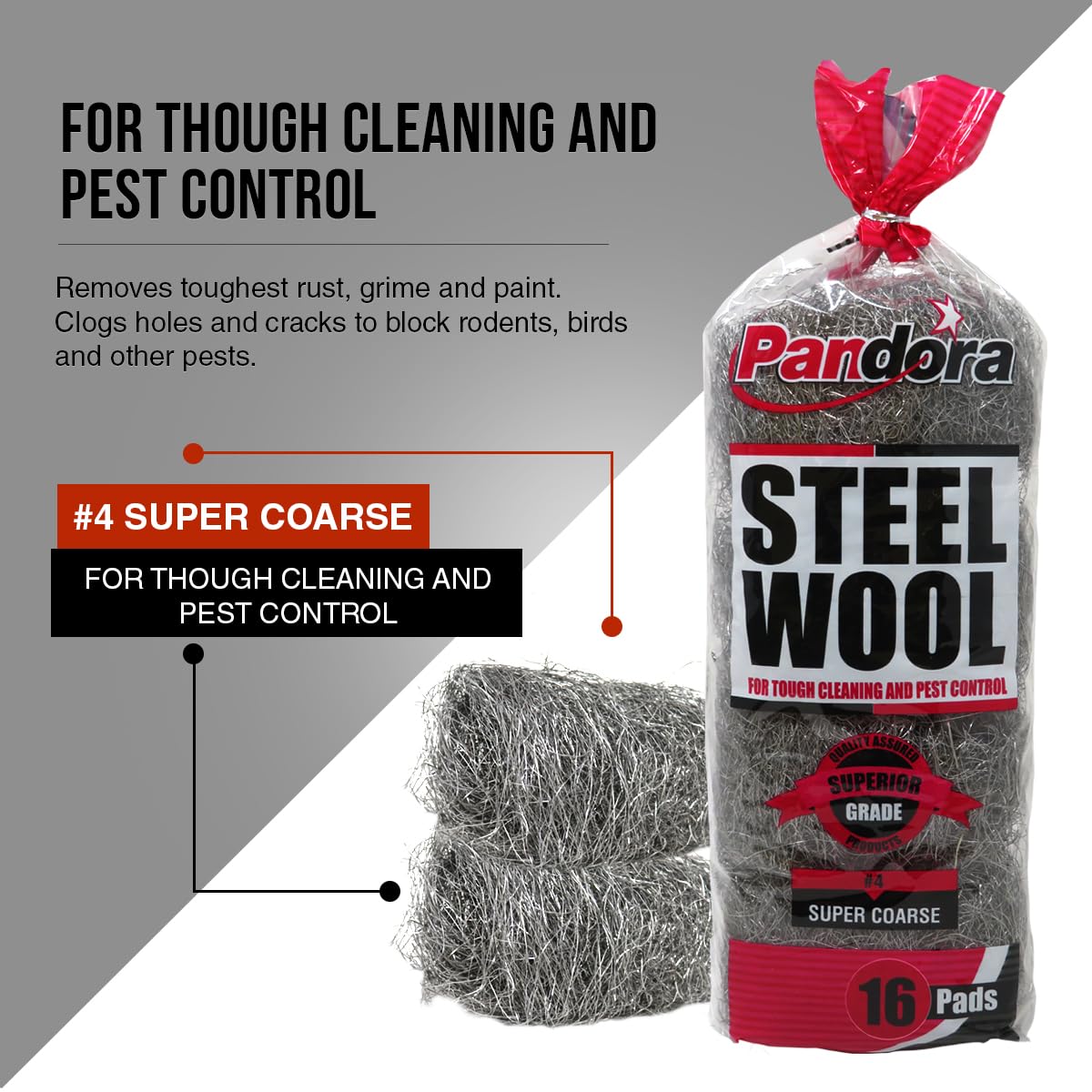 Pandora Steel Wool #4 – Extra Coarse Grade, 16 Pads for Tough Cleaning and Pest Control - Quality Metal Strands - Ideal for Removing Stubborn Paint, Rust, Dirt, and Varnish