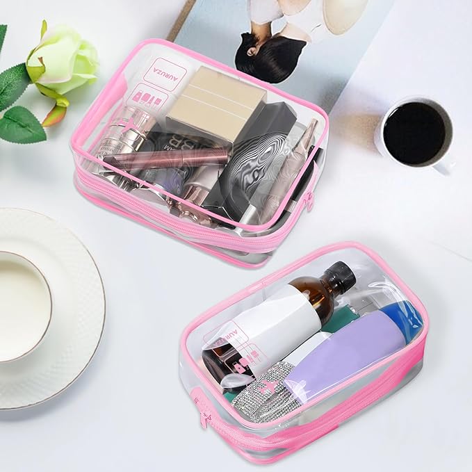 AURUZA Clear Makeup Bag, TSA Approved Cosmetic Travel Toiletry Organizer, Quart Size Carry On Compliant, Water Resistant Airport Airline Essentials