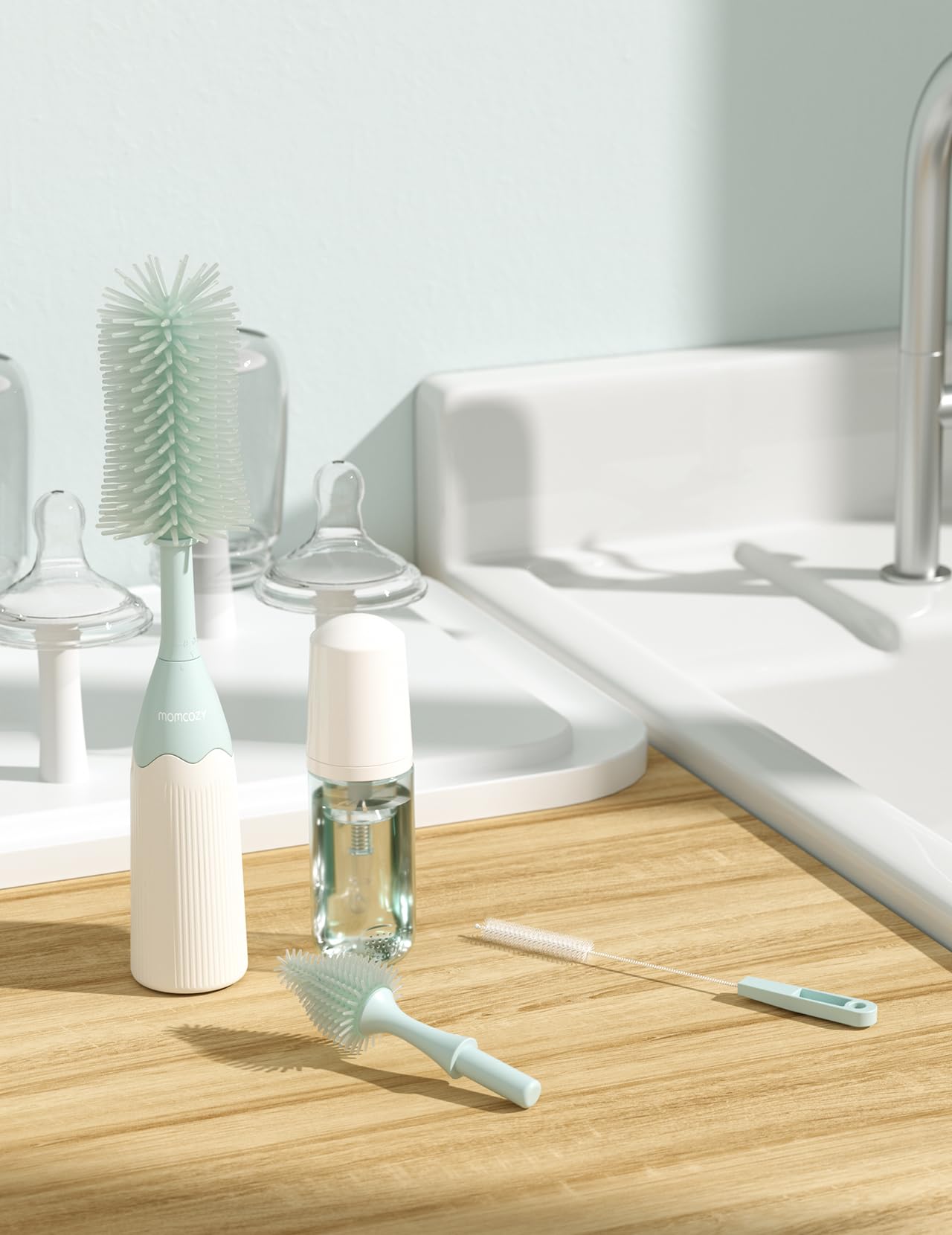 Momcozy Bottle Brush Kit with Push-Press Foam Design - Newborn Essentials Gift, Portable Cleaning Tool for Home & Travel, Baby Bottle Cleaner Brush for Breast Pumps & Nipples, Green