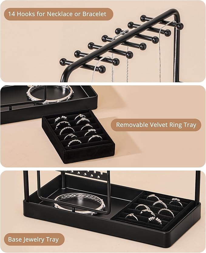 ProCase Jewelry Stand Holder Organizer, Jewelry Display Storage with Ring Tray, No-Assembly, Rotating Earring Bracelet Necklace Holder,Valentine's Gifts Room Dorm Decor for Teen Girls -Black