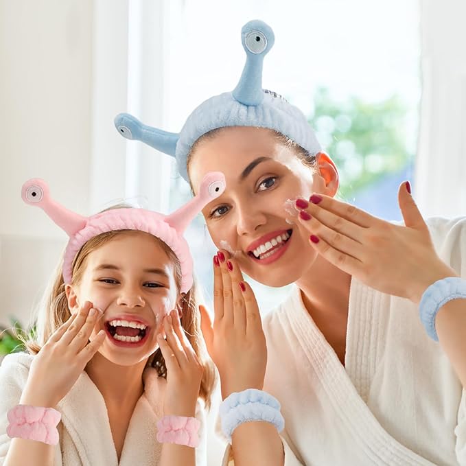 SuPoo 9 Pcs Skincare Headbands Snail Spa Headband and Wristband Set Alien Pink Face Wash Wristbands Cute Makeup Hair Band for Washing Face Wrap Head Towel Wrist Towels for Shower