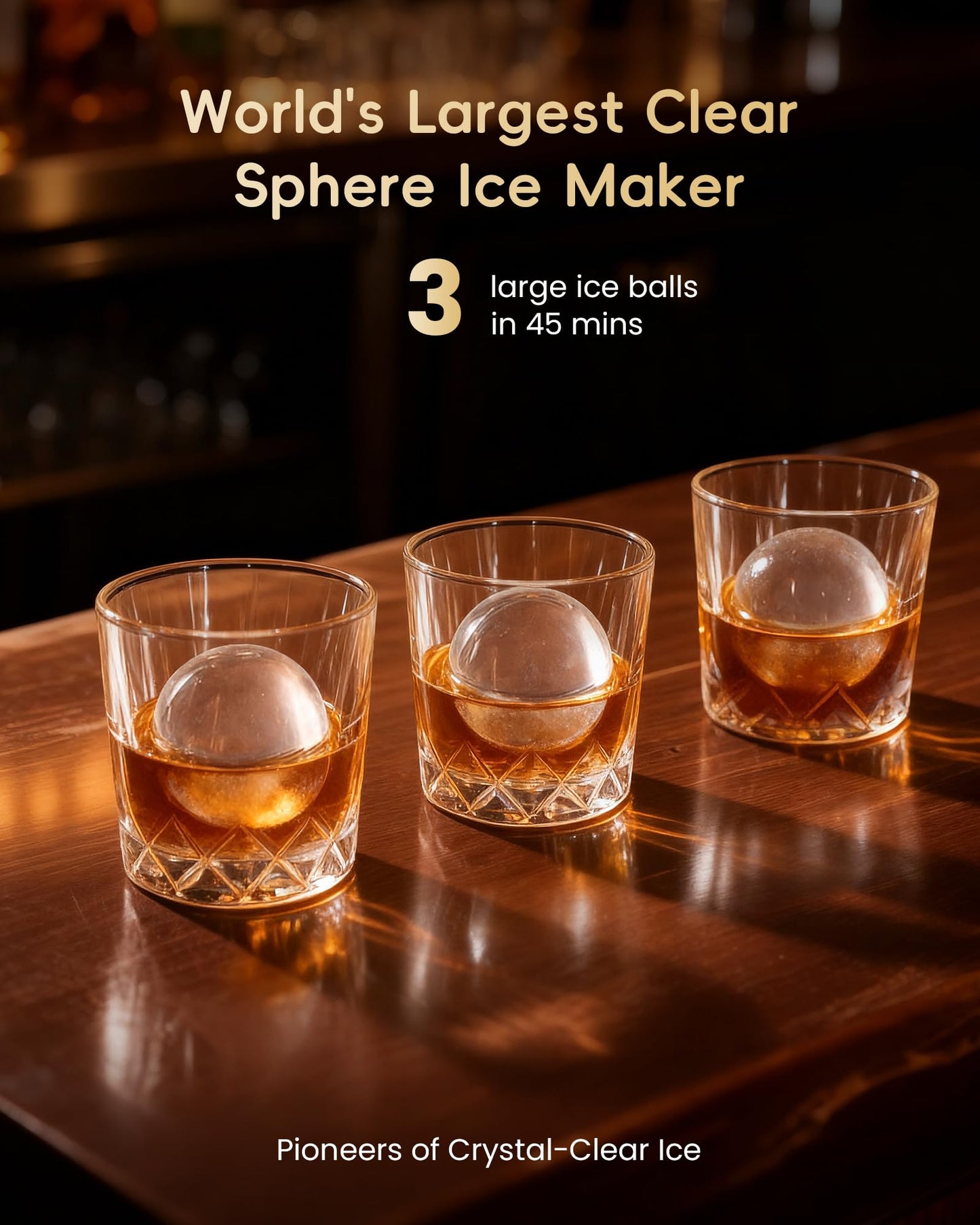 ecozy 2.4" Clear Ice Ball Maker Countertop with CrystalFlux Technology, 3 pcs in 45 Mins, 96 pcs/Day, Sphere Ice Maker with Automatic Water Supply, Self-Cleaning, Enhanced Insulation for Whiskey Bar