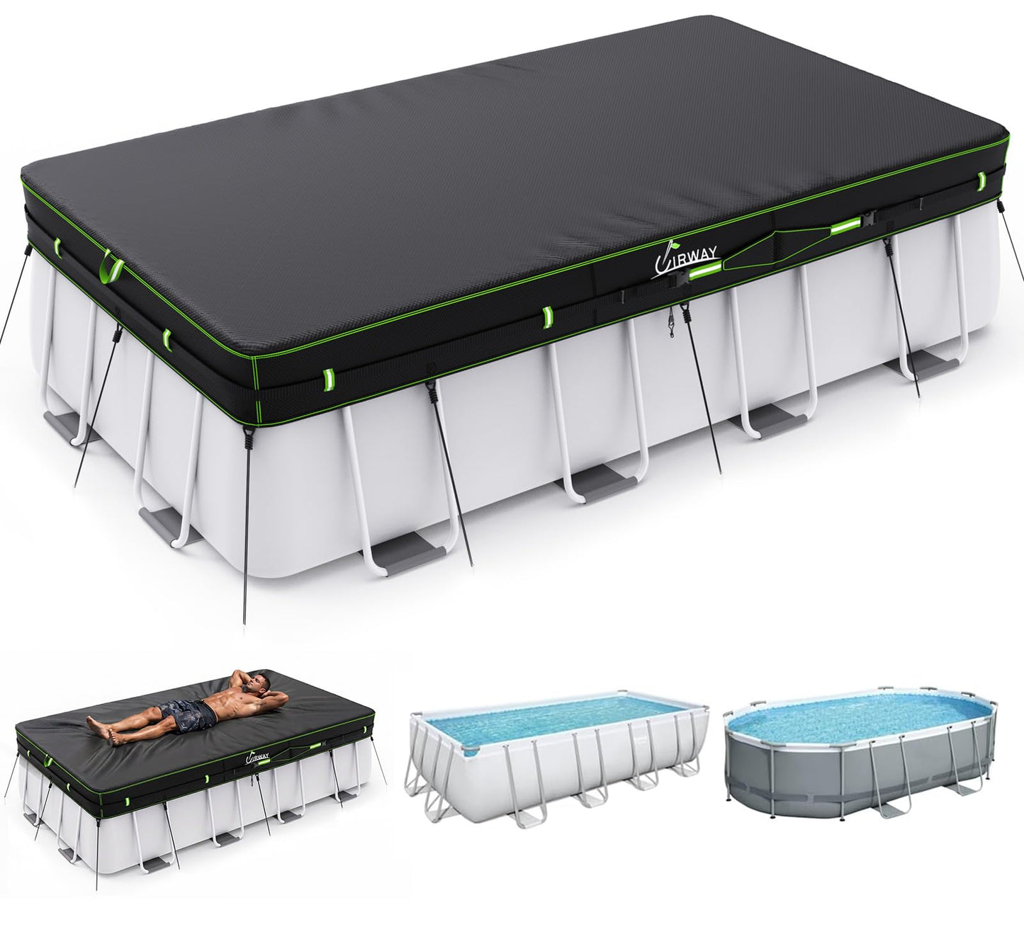 UIRWAY 500D Pool Cover 7x10FT Rectangular [2026 Upgraded Heavy Duty Fabric] Solar Pool Covers for Above Ground Pools, Swimming Pool Covers Including Windproof Straps and Luminous Ground, UV Resistant