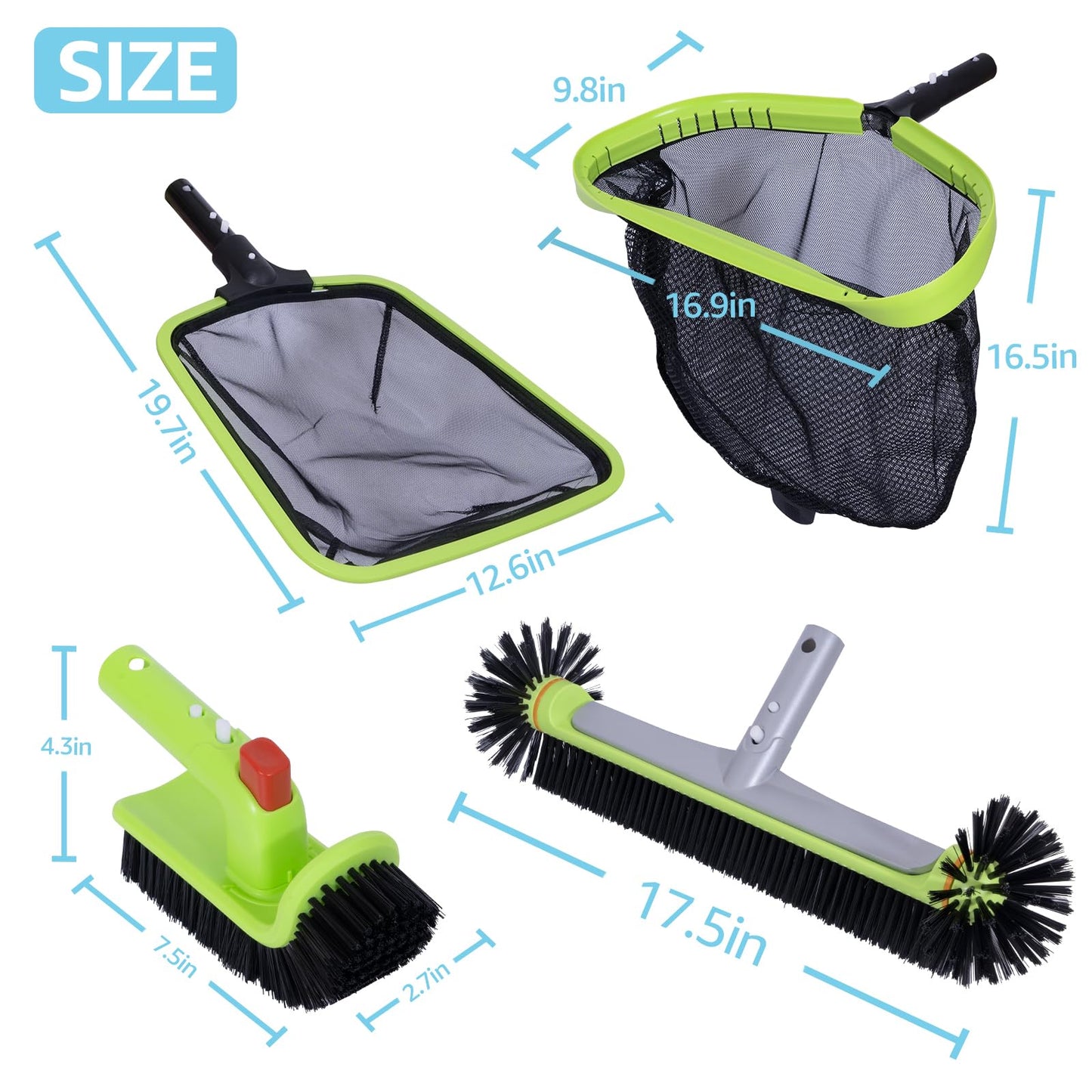 Sepetrel Deluxe Swimming Pool Cleaning Kit Including Professional Leaf Skimmer Net,Half-Depth Fine Mesh Net,17.5" Pool Brush Head & Hand Scrub Brush(NO Pole)
