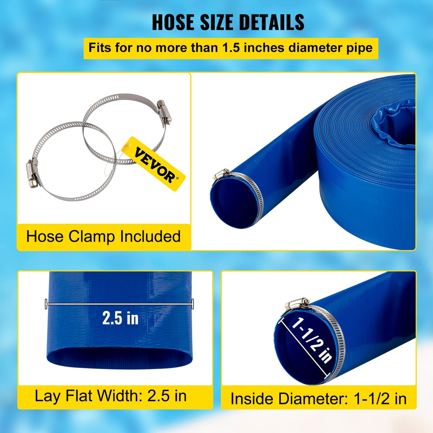 VEVOR Discharge Hose, 1-1/2" x 100', PVC Fabric Lay Flat Hose, Heavy Duty Backwash Drain Hose with Clamps, Weather-proof & Burst-proof, Ideal for Swimming Pool & Water Transfer, Blue