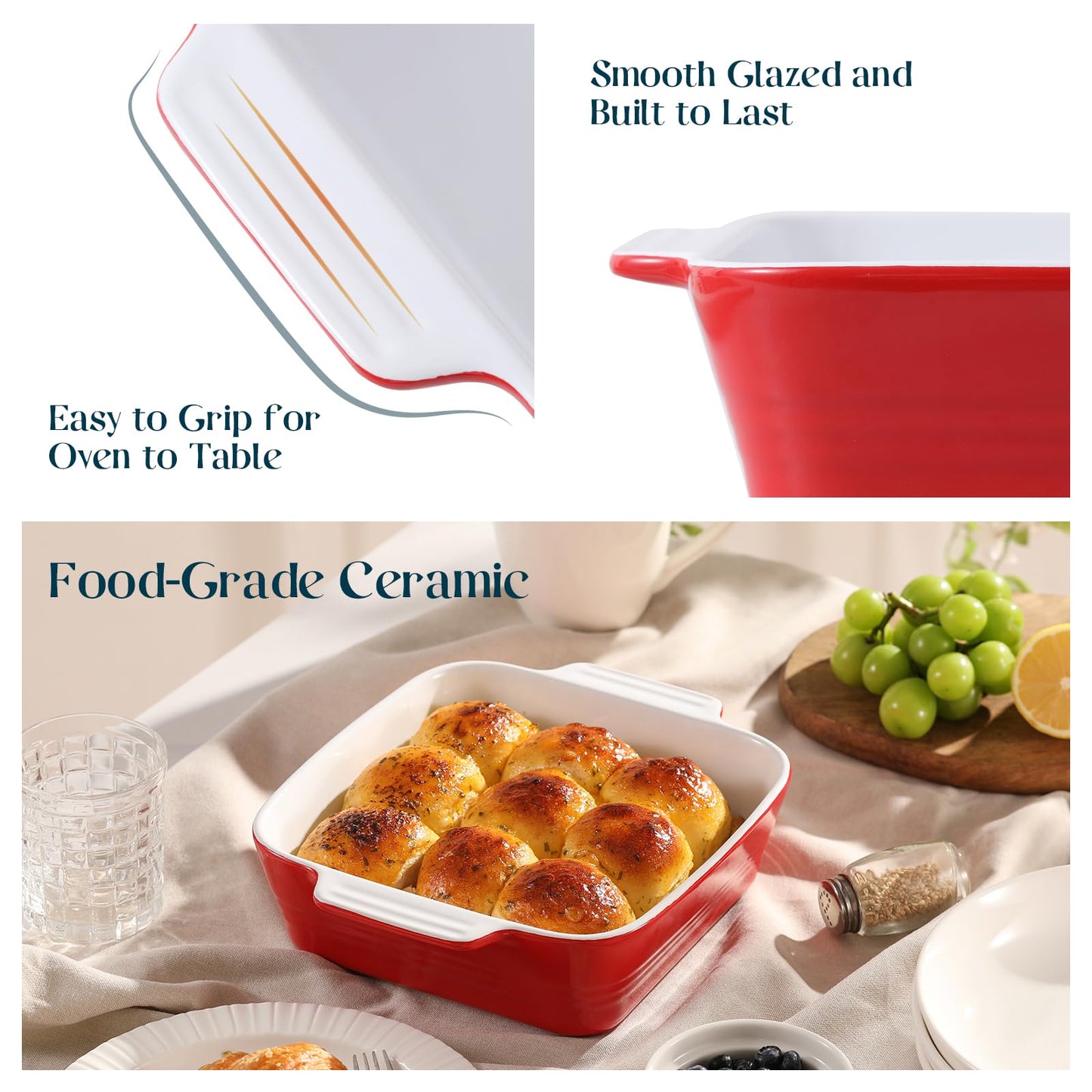 DOWAN 8x8 Baking dish, Square Baking Pan, Ceramic Casserole Dishes for Oven, Cake Pan with Handle, for Brownie, Lasagna, Casserole, 2 Quart, Home Gift, Wedding Gift, Red