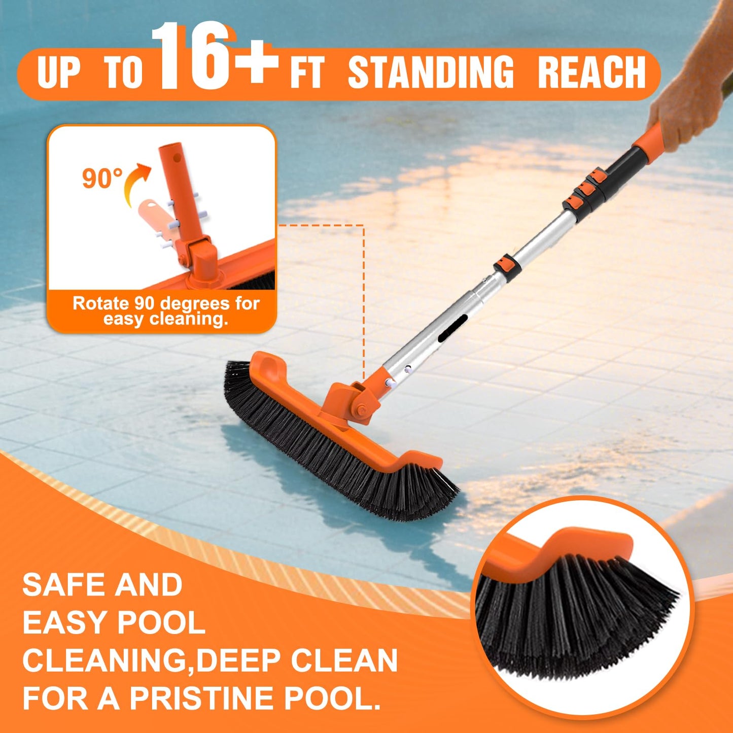 LAANPOLE 4-in-1 Pool Brush with Pole, Heavy Duty 18" Pool Brush Head, 5" Stainless Steel Brush and Hand-Held Pool Scrub Brush for Inground & Above Ground Pools, Pool Scrubber Brush with 16FT Pole