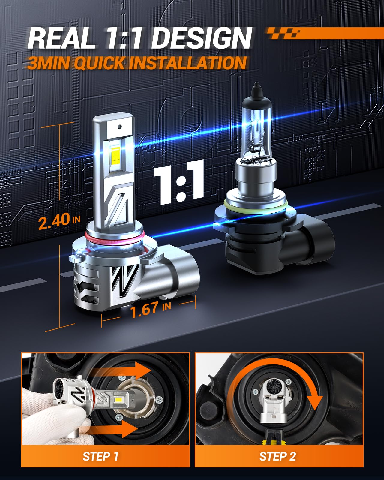SEALIGHT HB3/9005 Bulb, 800% 44,000LM Super Bright 9005 LED Fog Bulbs, 6500K Cool White with Fan, Real 1:1 Stock Size, 3Mins Easy Plug-N-Play, IP68 Waterproof, 2 Pack